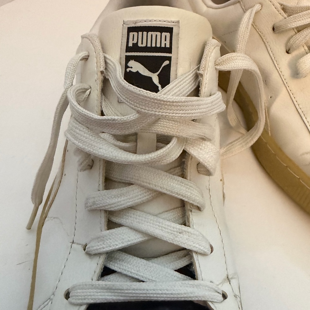 Puma White Leather Sneakers with BlackPatent Leather Toe Men’s 12 - Picture 3 of 14